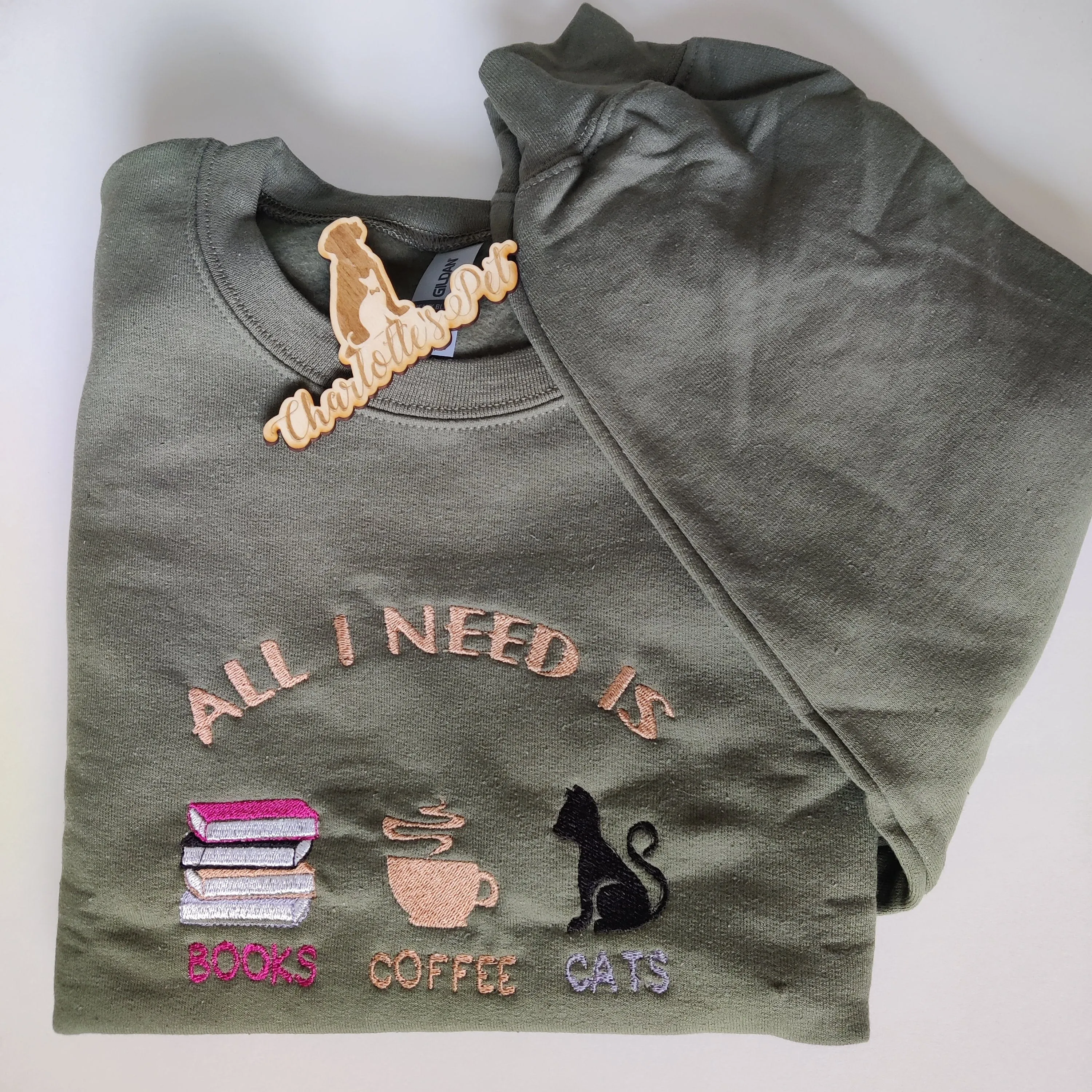 Books Coffee Embroidered Crewneck Sweatshirt Charlotte's Pet